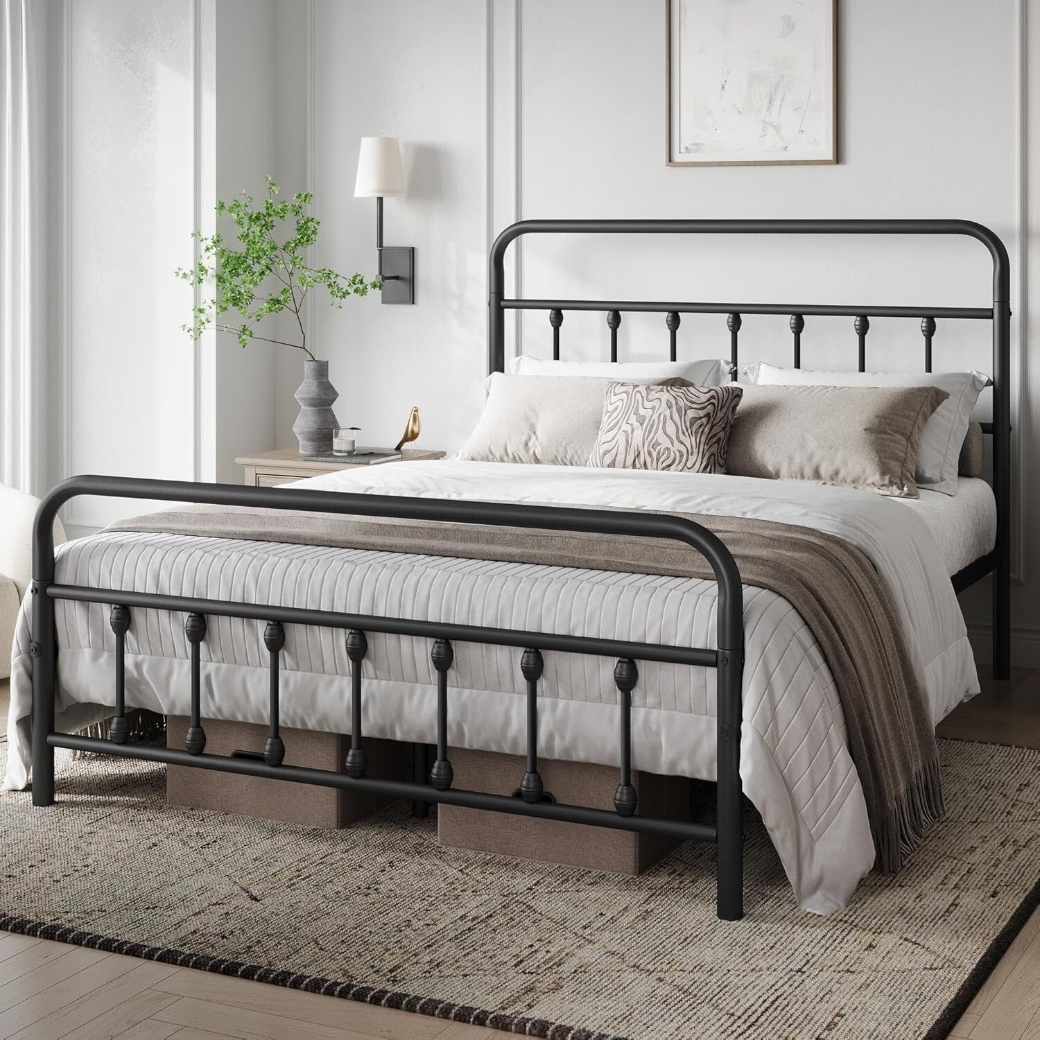 Elegant Black Iron Bed Frame - Full Size with High Headboard & Under Bed Storage