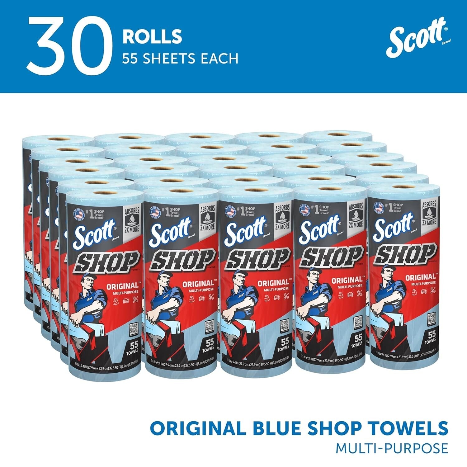 High Absorbency Scott Blue Shop Towels: 30 Rolls of 9.4" x 11" Perforated Sheets