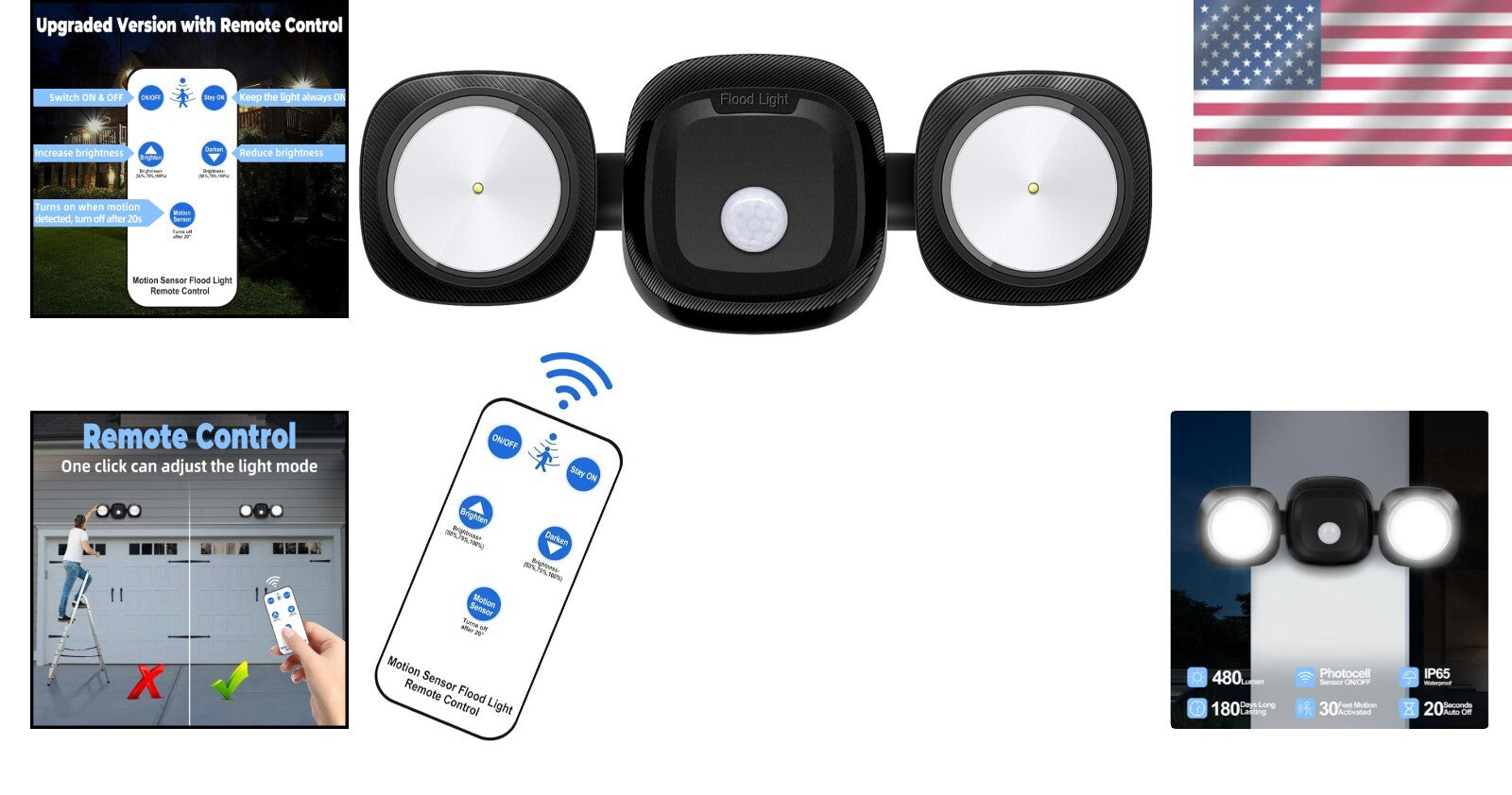 Battery Powered Motion Sensor Flood Lights with Remote for Outdoor Security