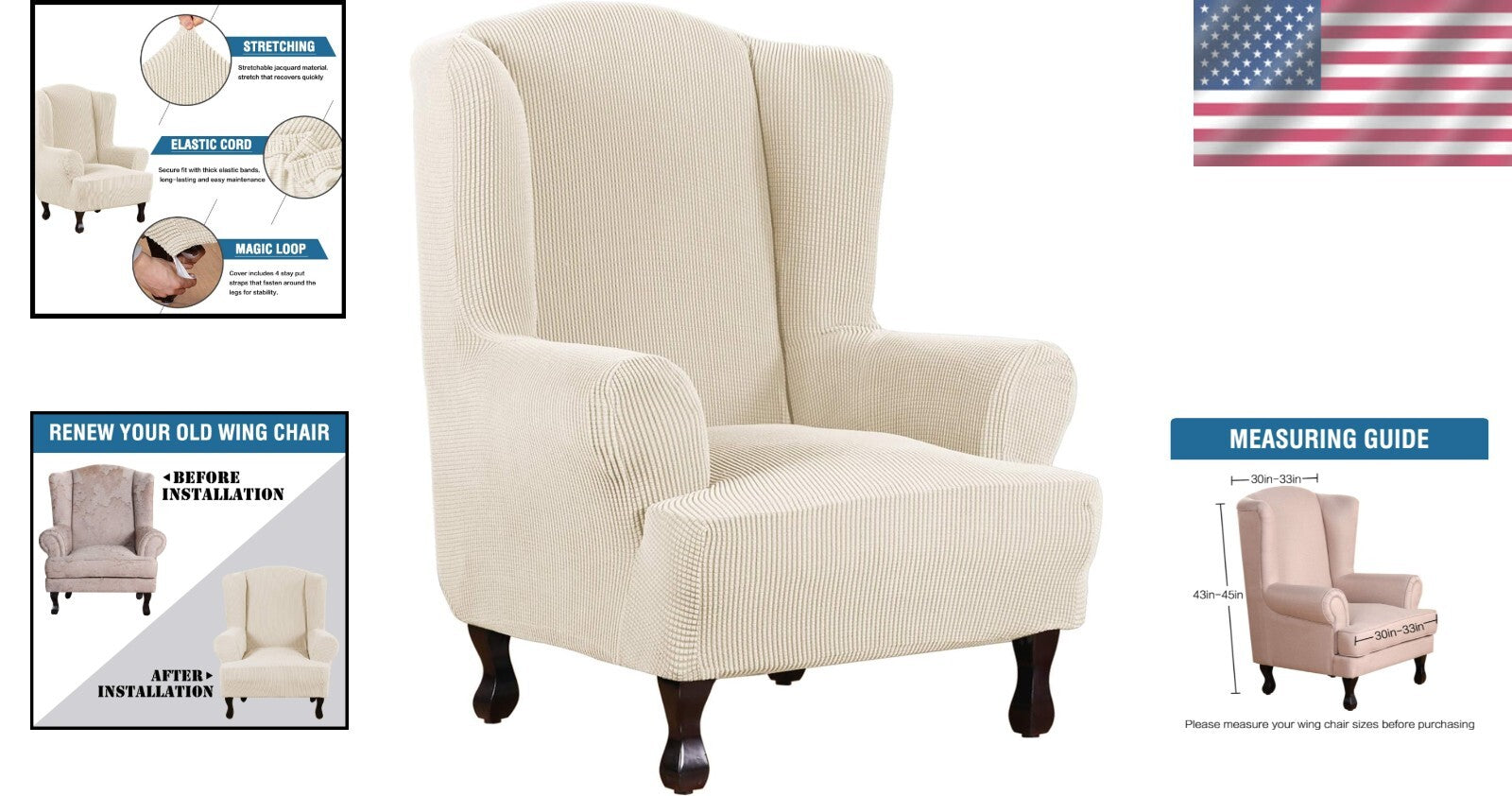 Premium 1 Piece Wing Chair Covers - Soft Stretch Fabric, Easy Care Protection