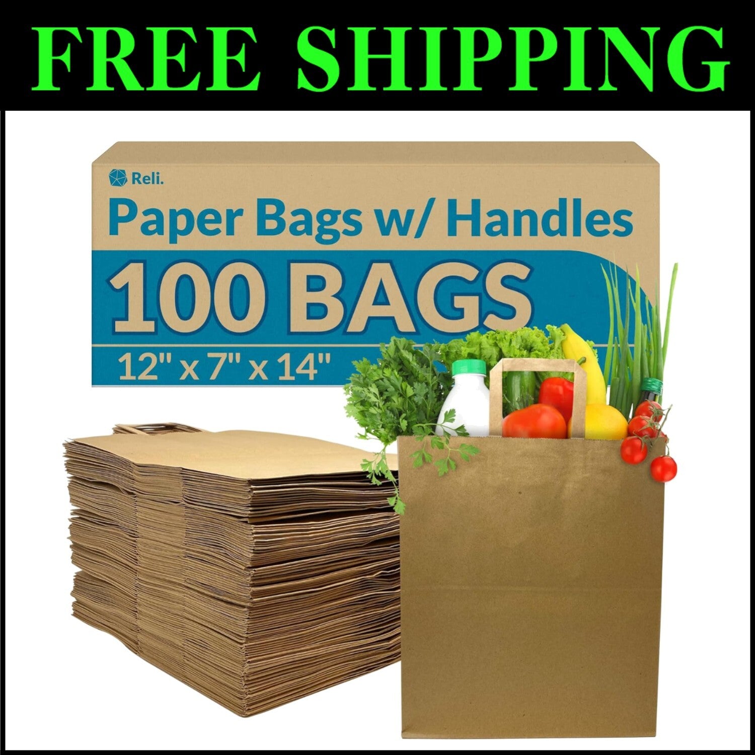 Heavy Duty 100 Pack Paper Grocery Bags - Convenient Handles & Self-Seal Closure