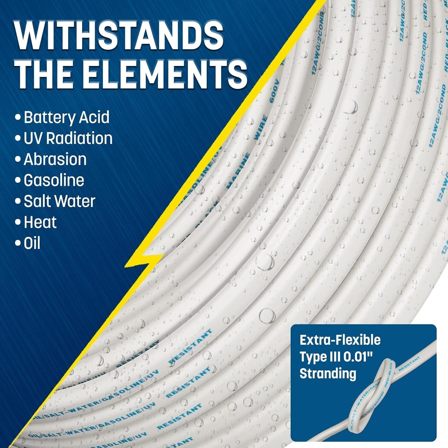 14 Gauge AWG Marine Wire - 50 Ft Oxygen-Free Copper for Waterproof Wiring