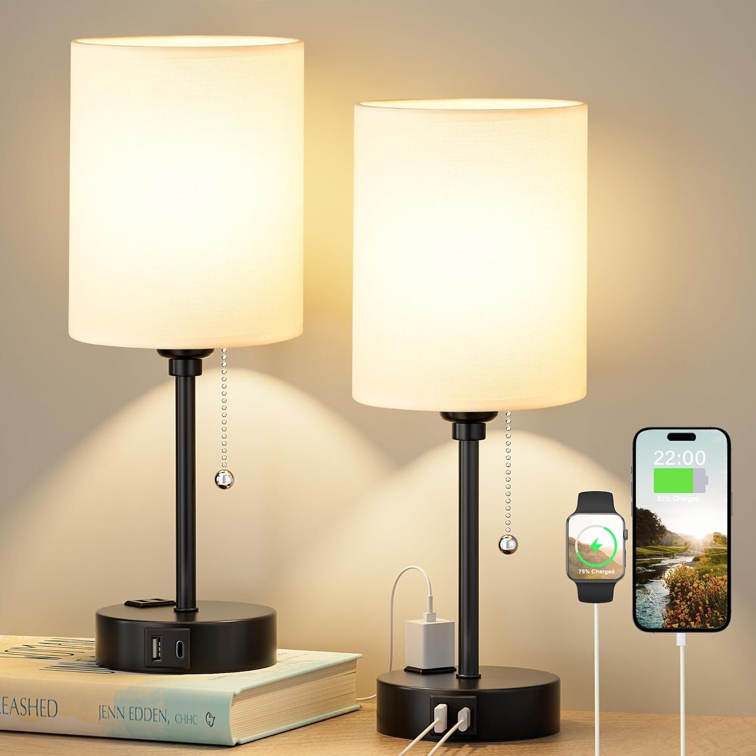 Elegant Black & White Bedside Table Lamps with USB & AC Outlet - 3 Color Modes