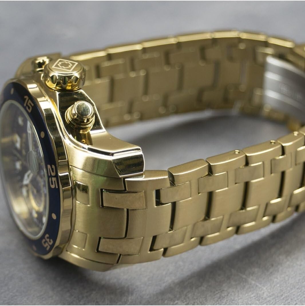 200m Water Resistant Diver's Chronograph Watch with Blue Dial & Gold Tone Band