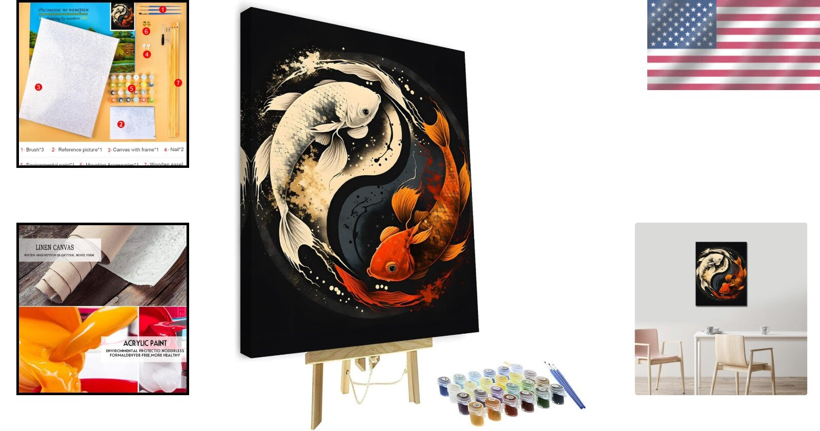 Koi Fish Paint by Numbers Kit - 16x20 Inch Framed Yin Yang Design for Beginners