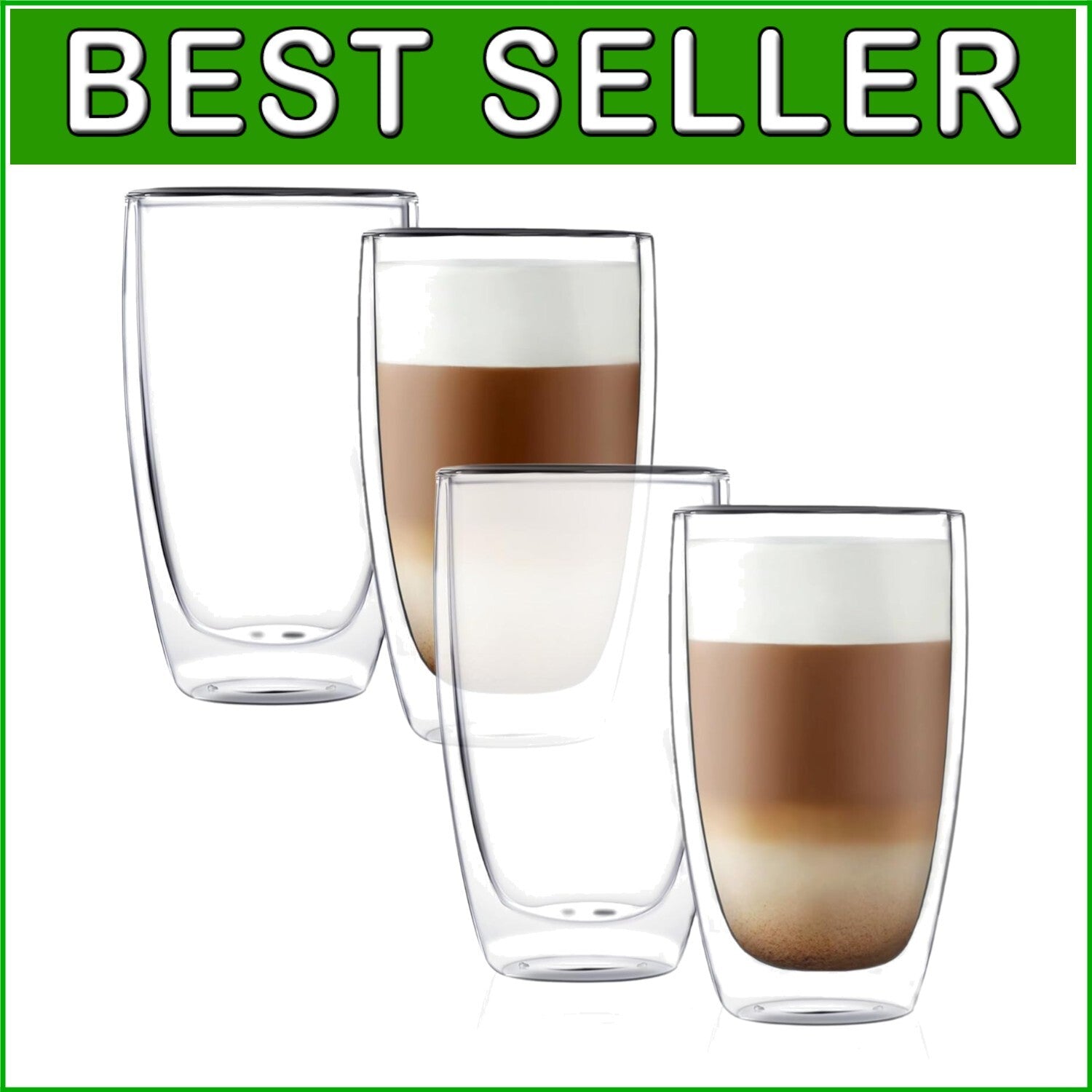 Set of 4 Double Wall Borosilicate Glass Coffee Mugs - Elegant Insulated Design