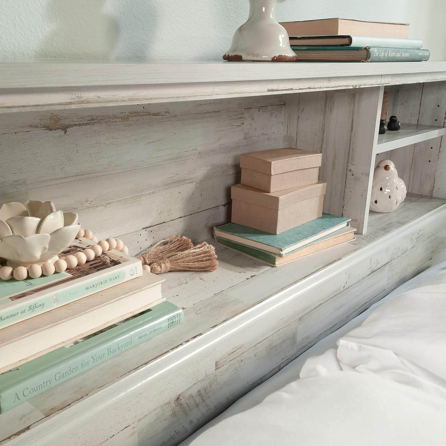 Farmhouse Chic Queen and Full Headboard with Adjustable Shelves - White Plank