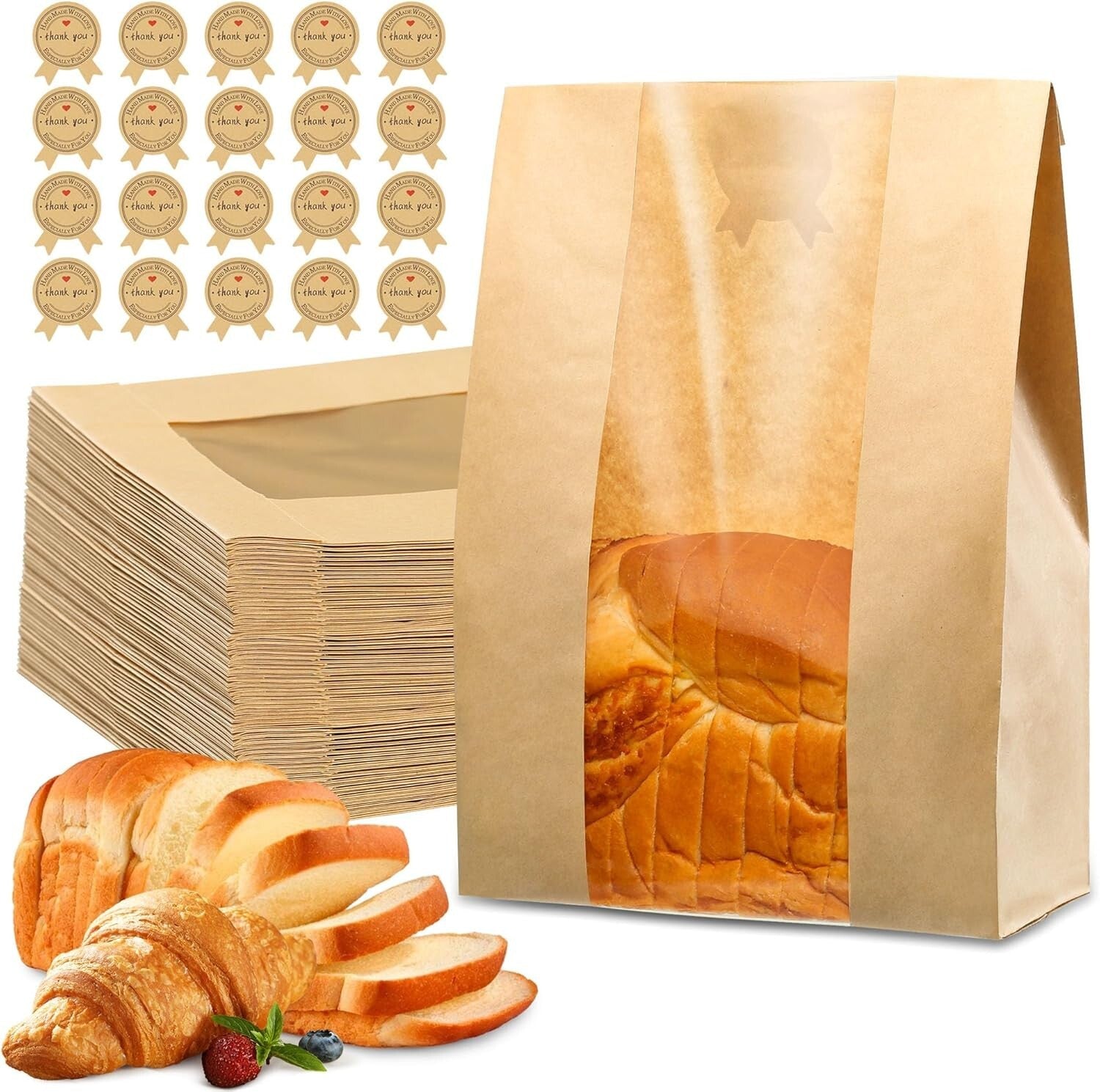 Eco-Friendly 200 Pcs Bakery Bags with Window & 210 Cute Seal Stickers Included