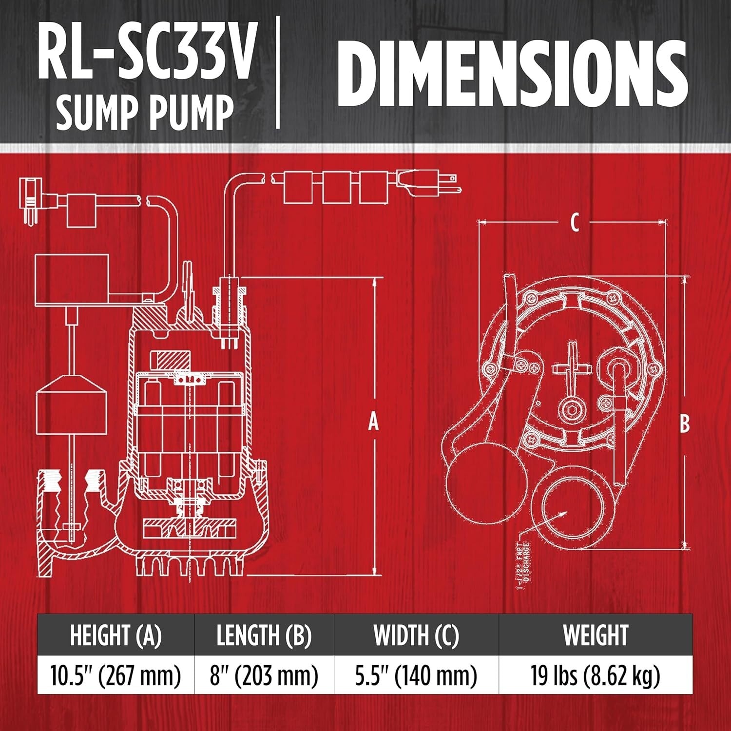 Automatic Red Sump Pump - 1/3 HP, 25-Ft Lift with 10-Ft Cord for Flood Control