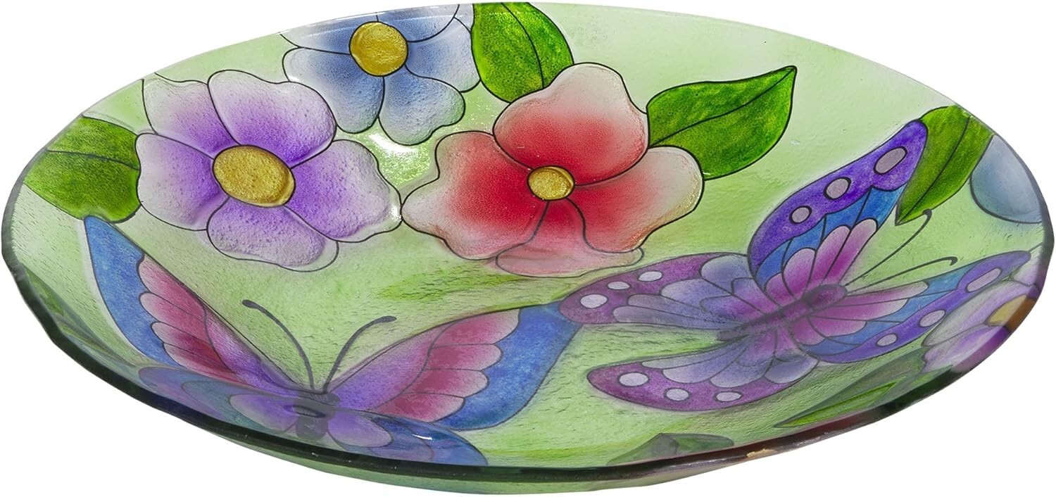 Decorative 18" Glass Birdbath Bowl with Butterfly & Floral Design for Outdoors