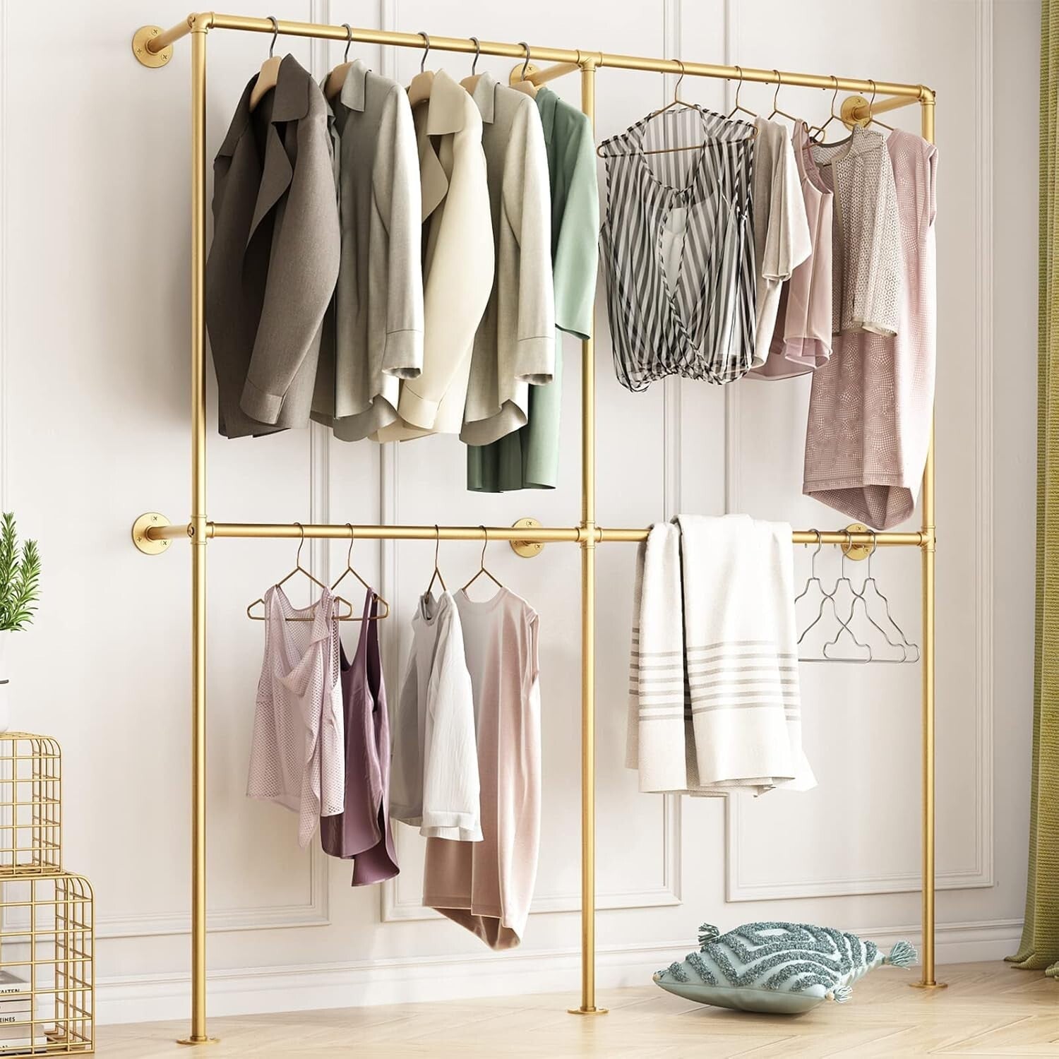 Industrial Gold Wall-Mounted Clothing Rack with Double Rods for Elegant Storage