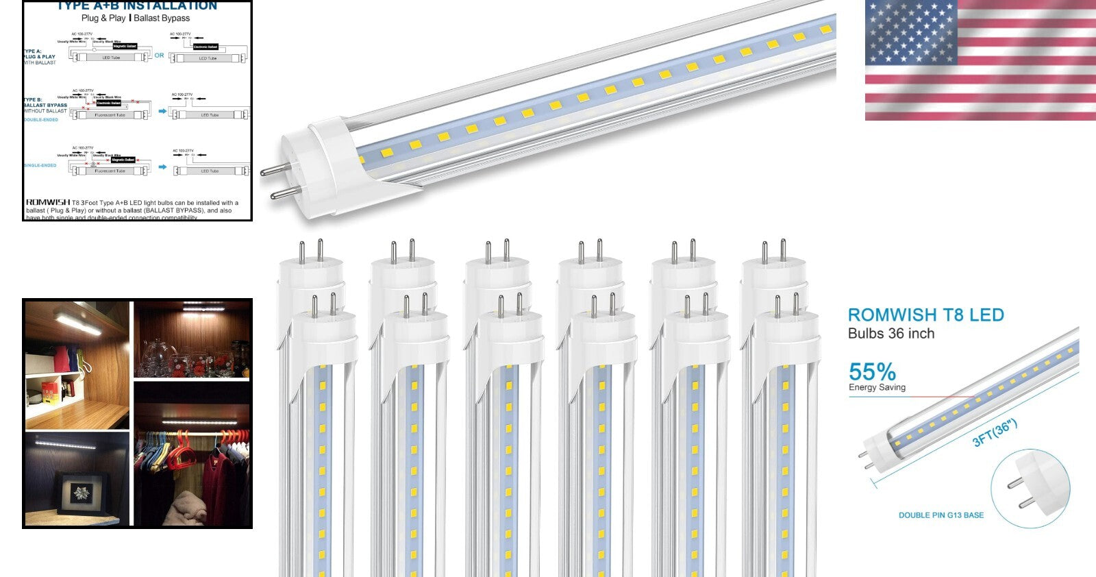 12 Pack 3FT T8 LED Bulbs, 14W Energy-Saving, Plug and Play Installation, 5000K