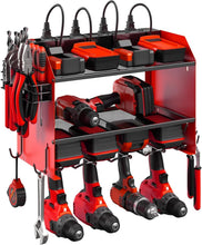 Load image into Gallery viewer, Dual-Tier Power Tool Storage Shelf w/ Surge Protector &amp; Built-in Battery Holder