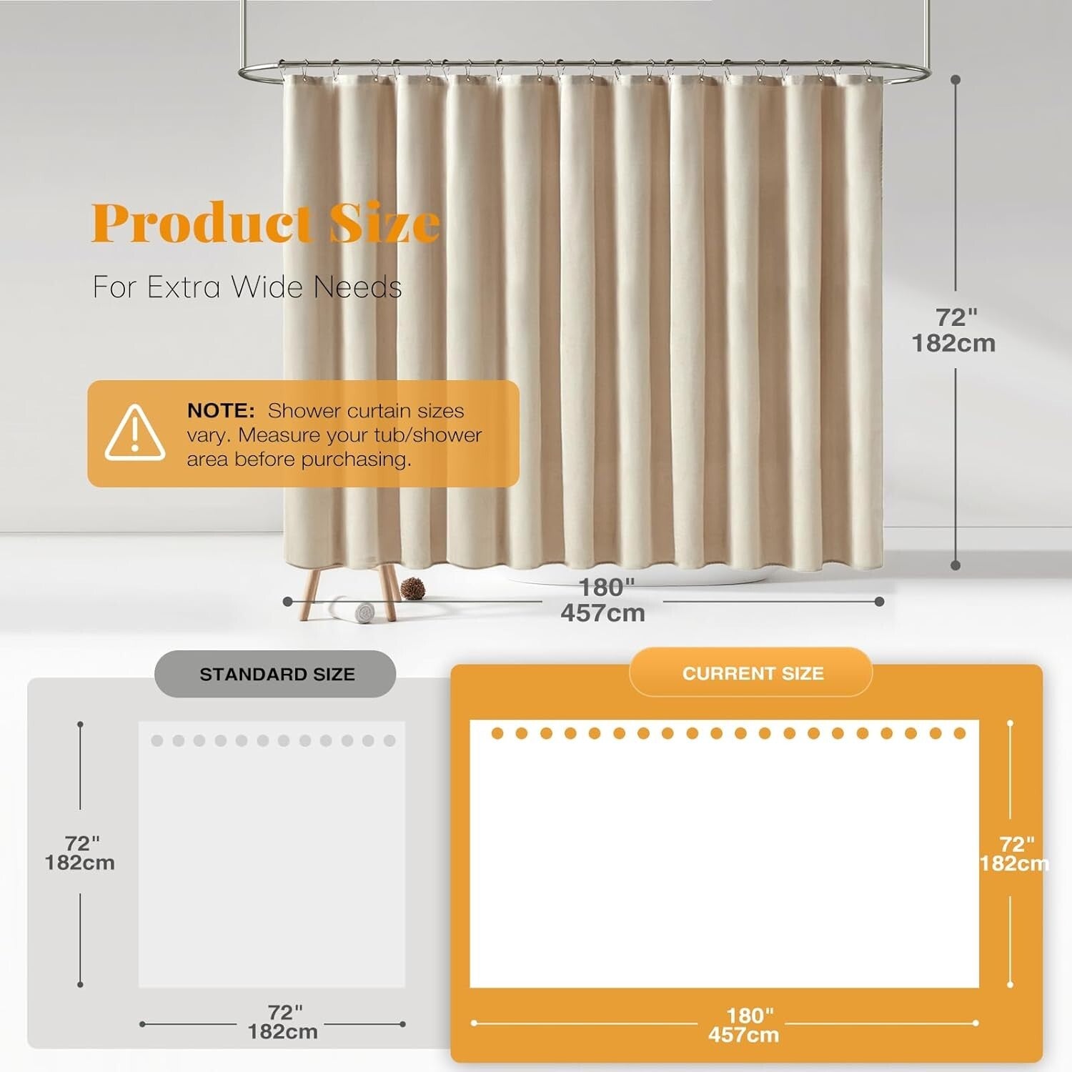 Extra Wide 72"x180" Fabric Shower Curtain - Heavy Duty Water Resistant Cream