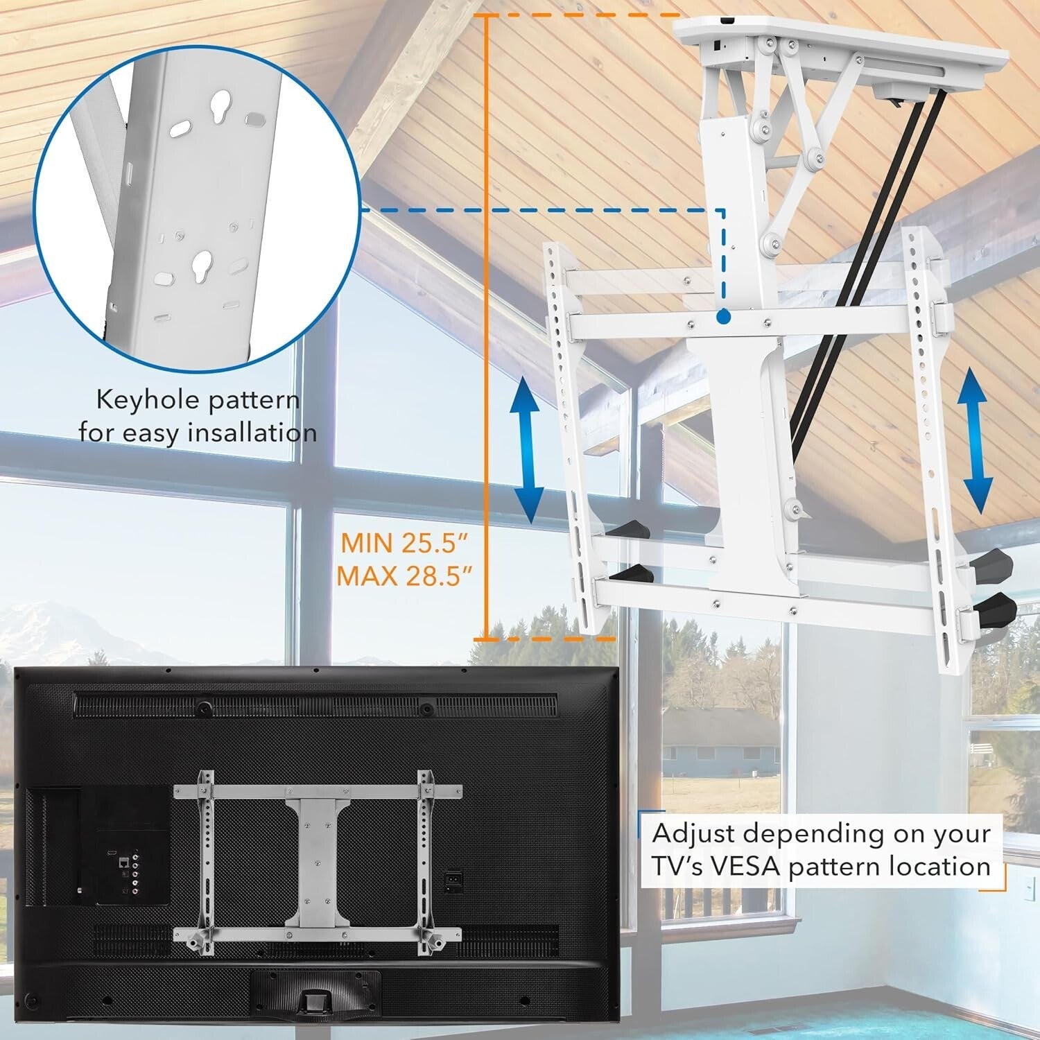 Premium White Electric Ceiling TV Mount - 75 Degree Tilt for 32-70 Inch TVs