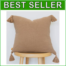 Load image into Gallery viewer, Luxurious 100% Cotton Textured Rib Knit Pillow Cover 18x18 with Tassels - Mocha