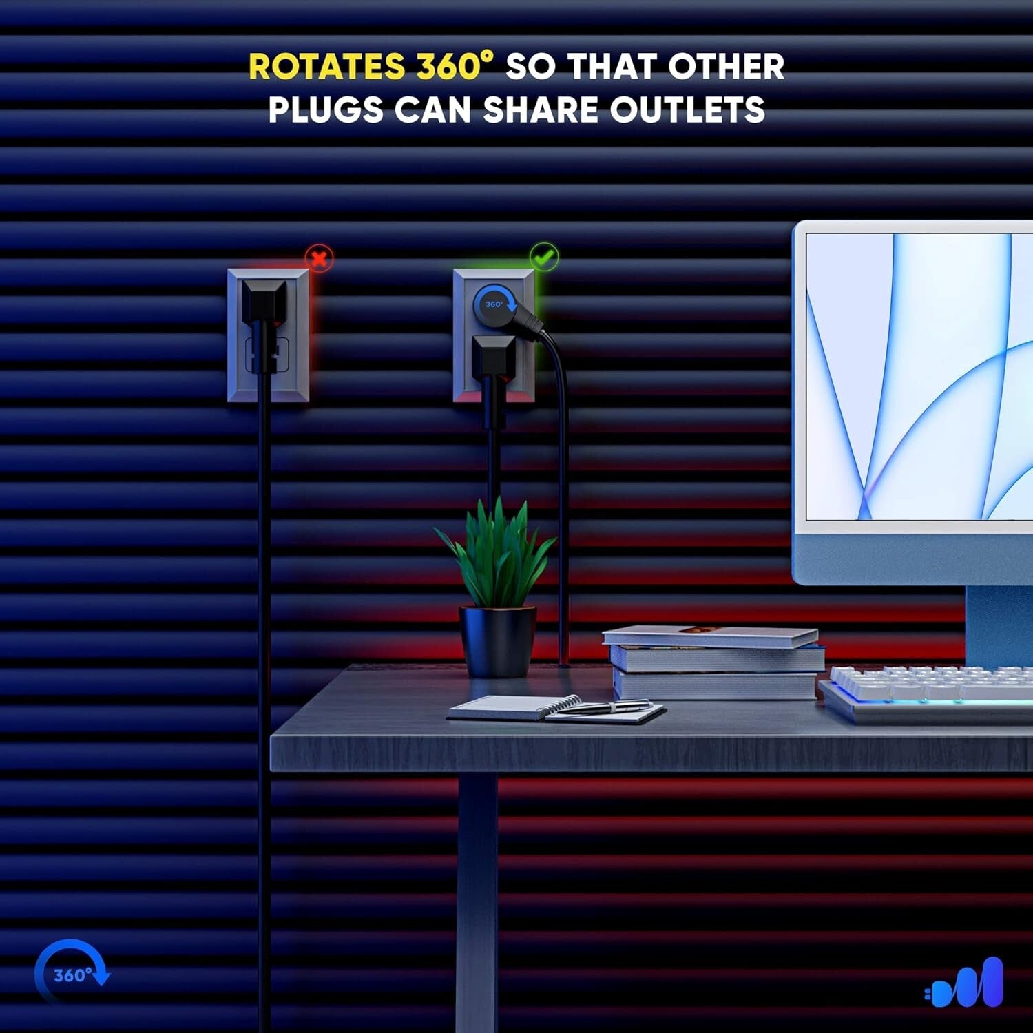 5 Pack 360° Rotating Flat Plug Extension Cord - Space-Saving Power Solution