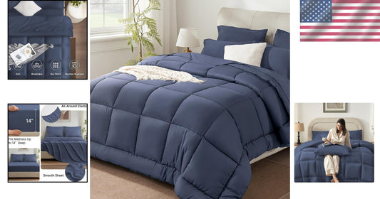 7-Piece Grayish Blue Full/Queen Bedding Set - All Season Microfiber Comforter