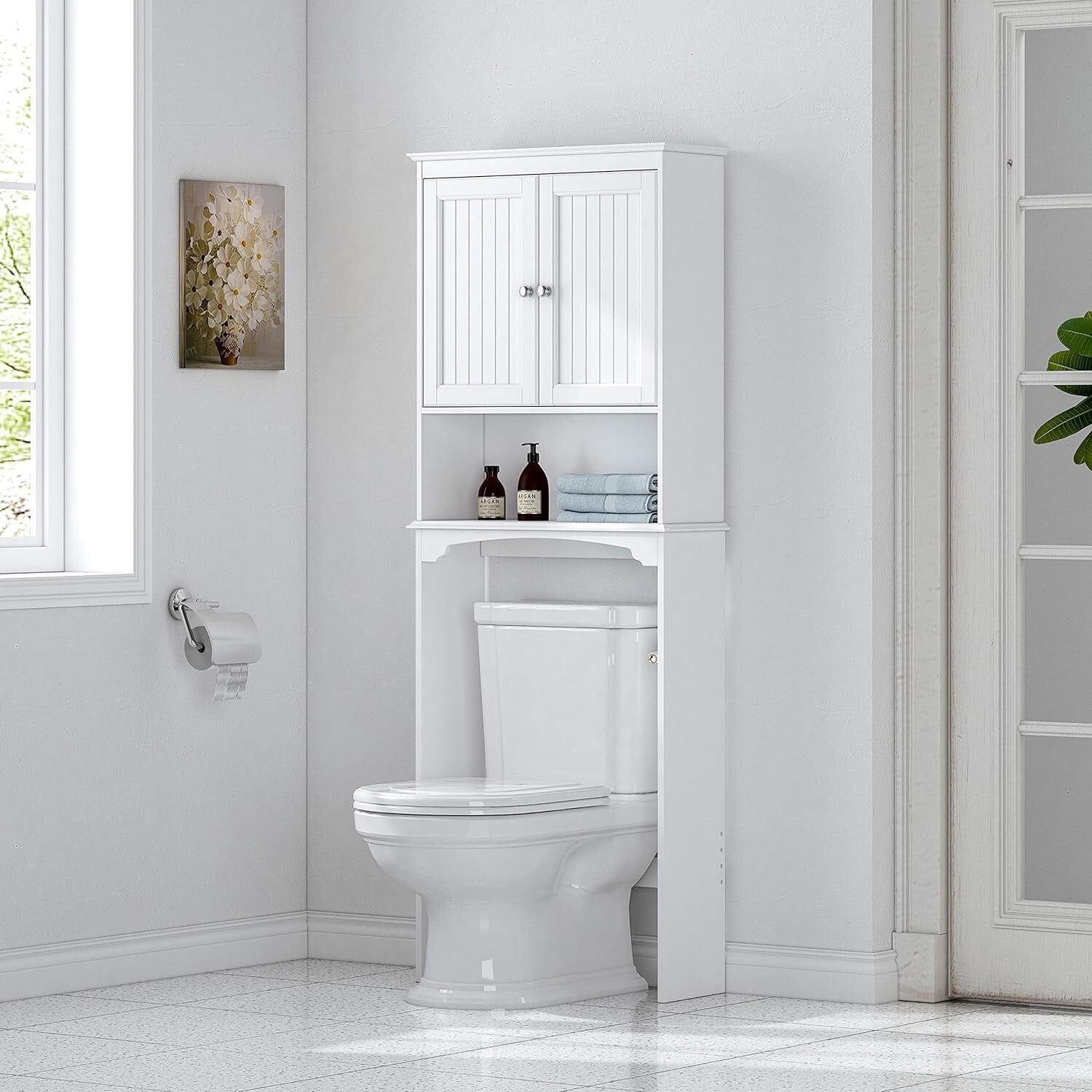 Compact White Bathroom Shelf - Adjustable Over Toilet Cabinet Storage Solution