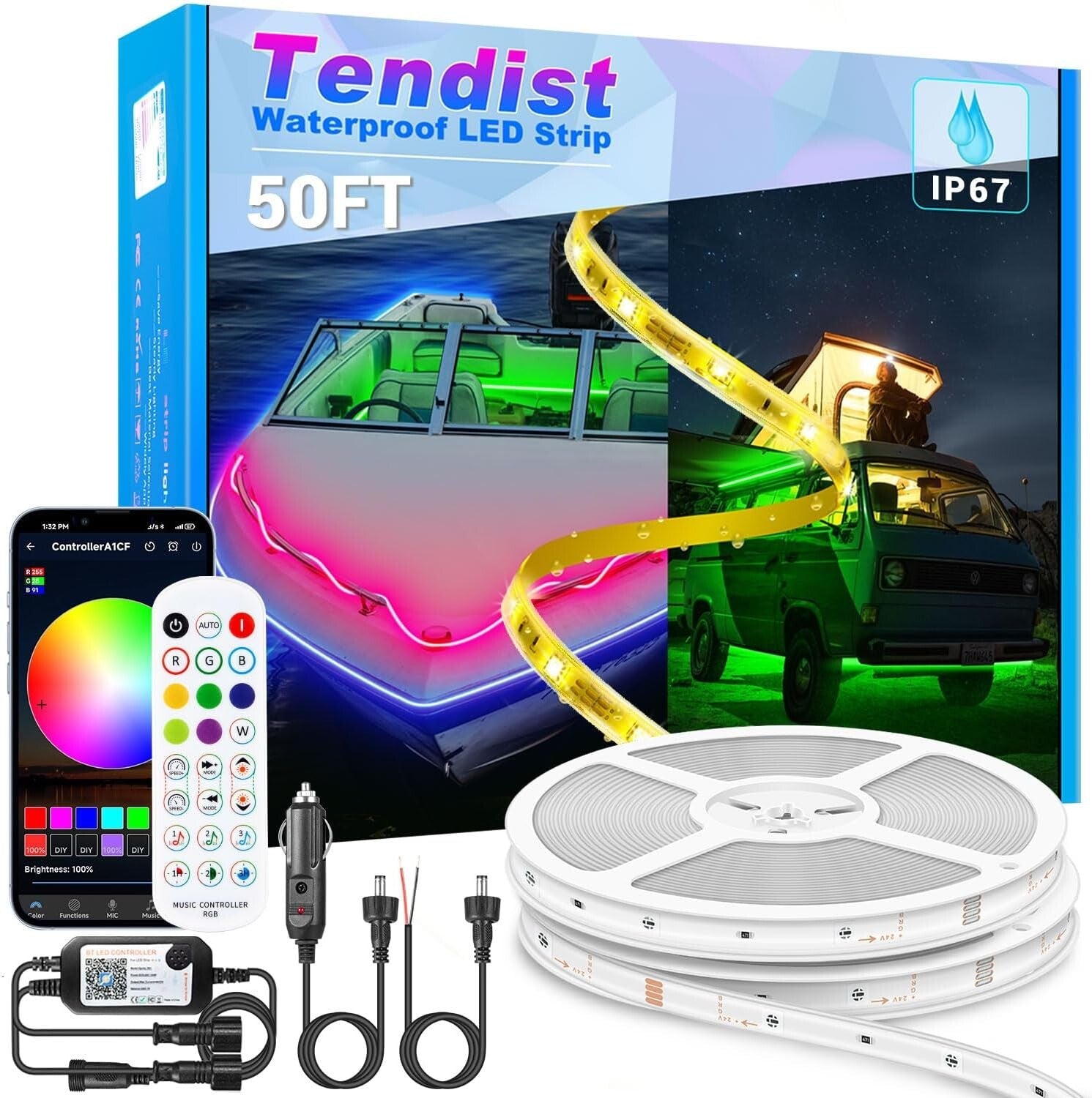 Customizable 50FT LED Strip Lights for Boats - IP67 Waterproof & App Controlled