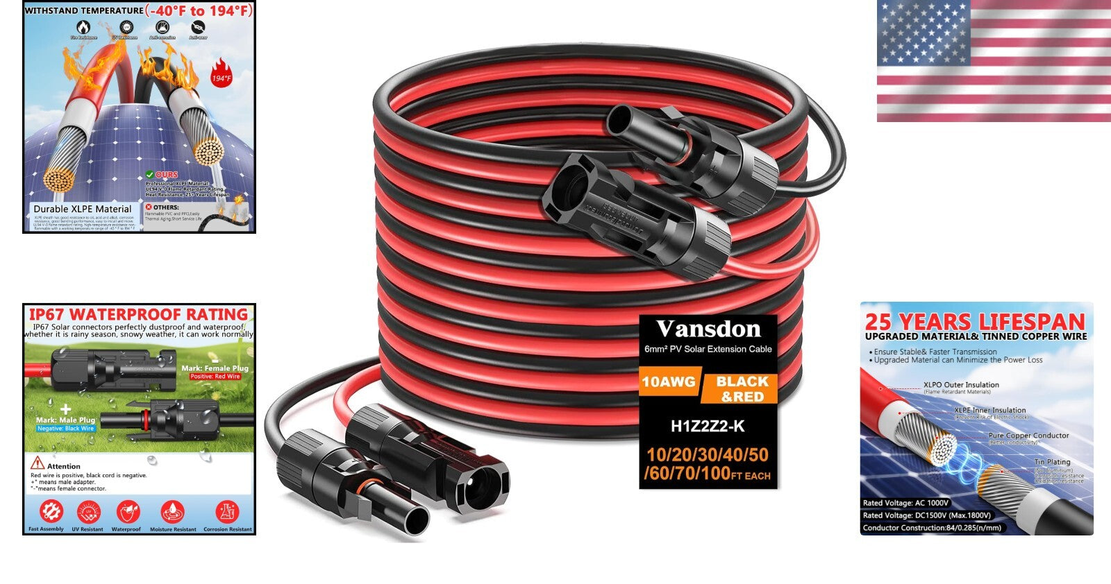 Reliable Waterproof 40FT 10AWG Solar Panel Extension Wire for Efficient Charging