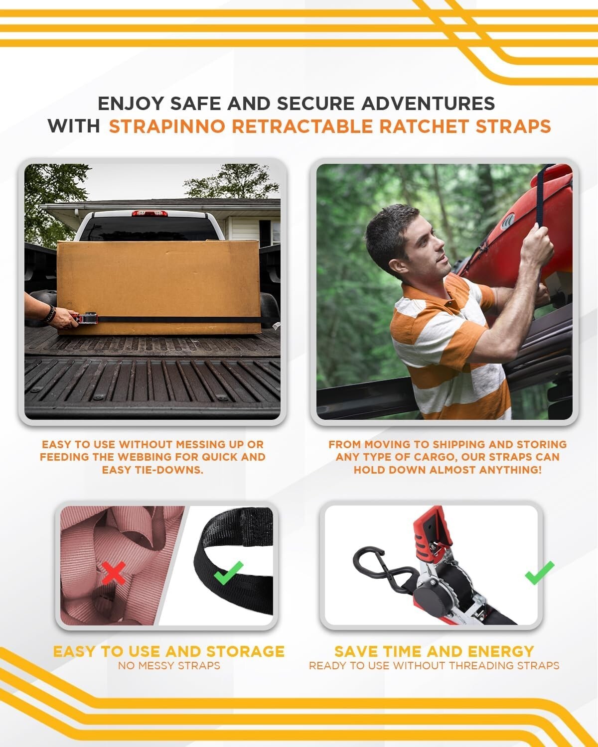 4-Pack 1" x 10 ft Heavy-Duty Retractable Ratchet Straps - Easy Hauling Solution