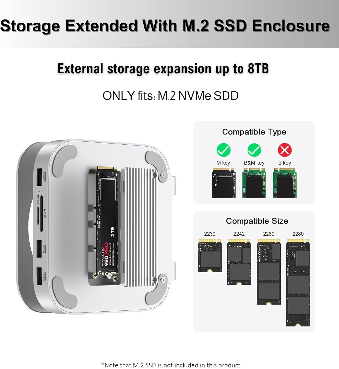 Premium Aluminum Dock for Mac Mini M4 - 8TB SSD Enclosure & USB 3.1 Connectivity