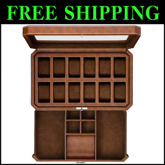12 Slot Leather Watch Box & Slide Out Drawer - Luxury Organizer in Tan/Brown