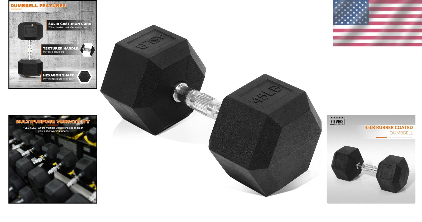 Strengthen Muscles with 45 lb Rubber Encased Hex Dumbbell - Ideal for Gym & Home
