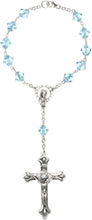Load image into Gallery viewer, Unique 8-Inch Auto Clasp Rosary with Aquamarine Beads &amp; Silver Plate Crucifix