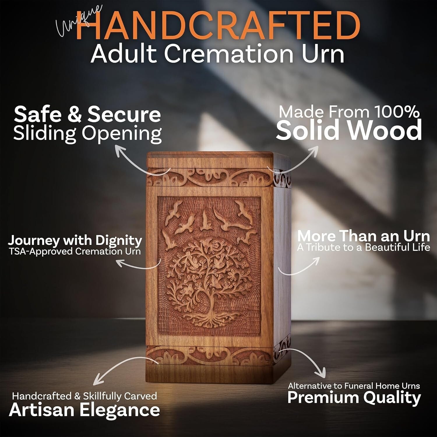 Artisan-Crafted Wooden Urn for Ashes - 250 lbs Capacity with Sliding Opening
