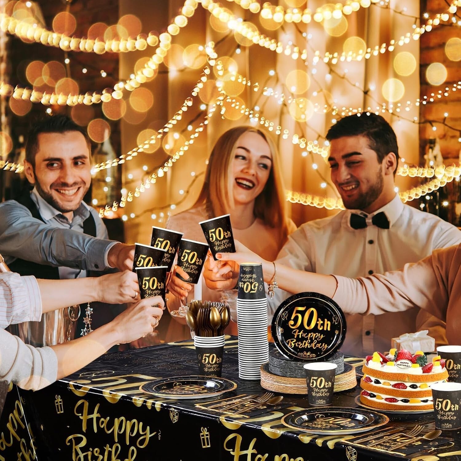 452 Pcs Elegant Black and Gold 50th Birthday Party Set - Plates, Cups & Decor