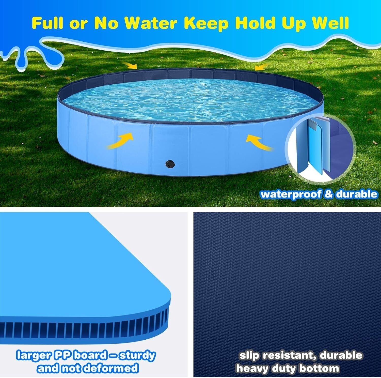 Large Portable Dog Pool with Quick Drain & Foldable Design - 97" Round