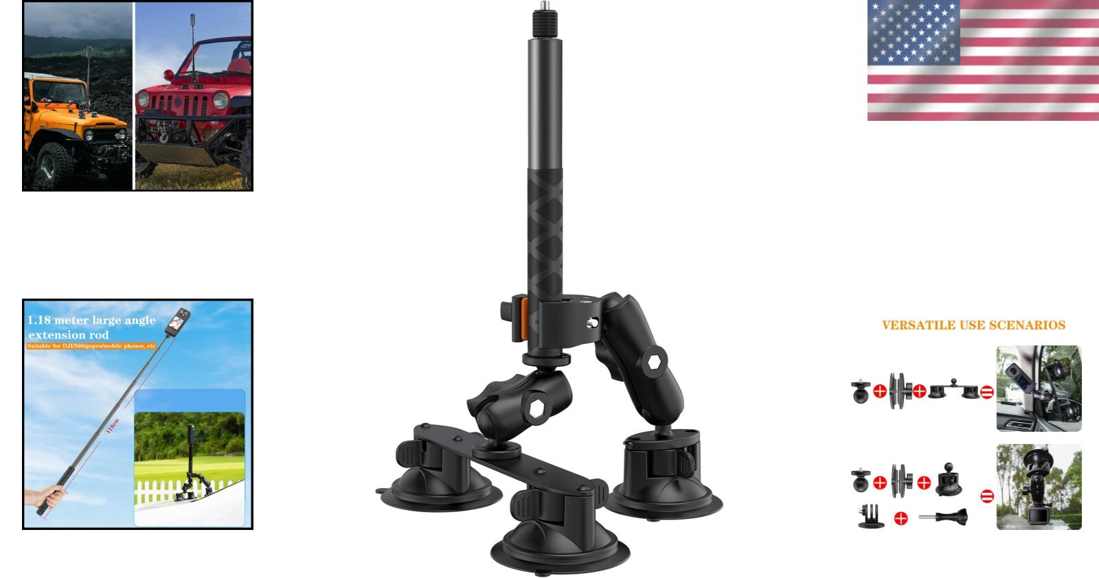 Durable 3-in-1 Car Mount Kit for Insta360 and GoPro - Perfect for Adventures