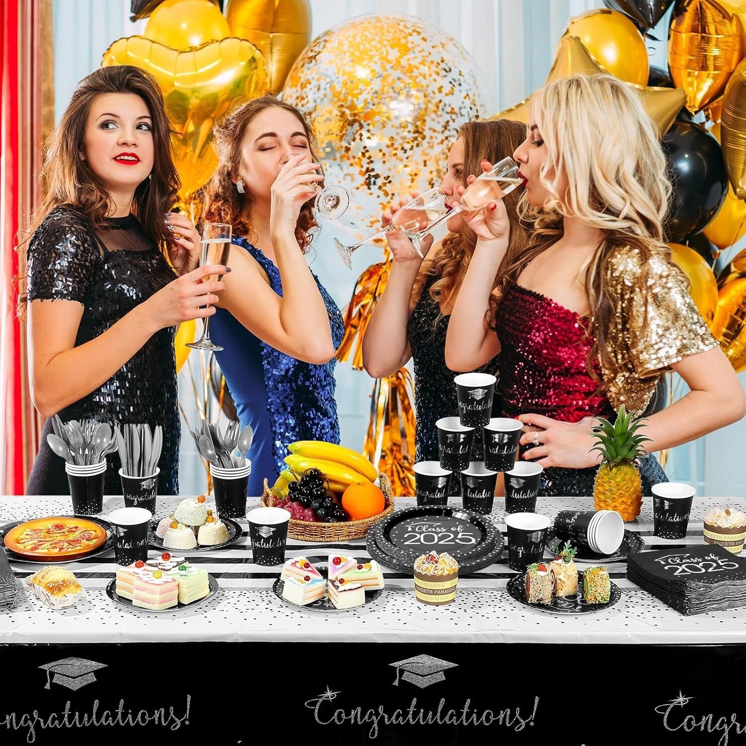 700pcs Graduation Party Supplies - Stylish Black & Silver Plates & Napkins