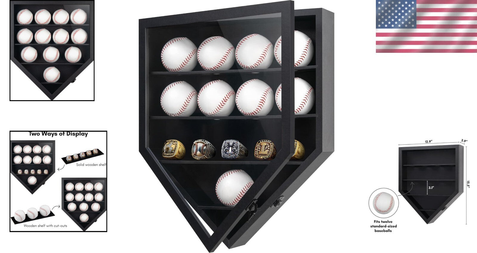 Home Plate Baseball Display Case - Securely Show 12 Baseballs or Rings in Style