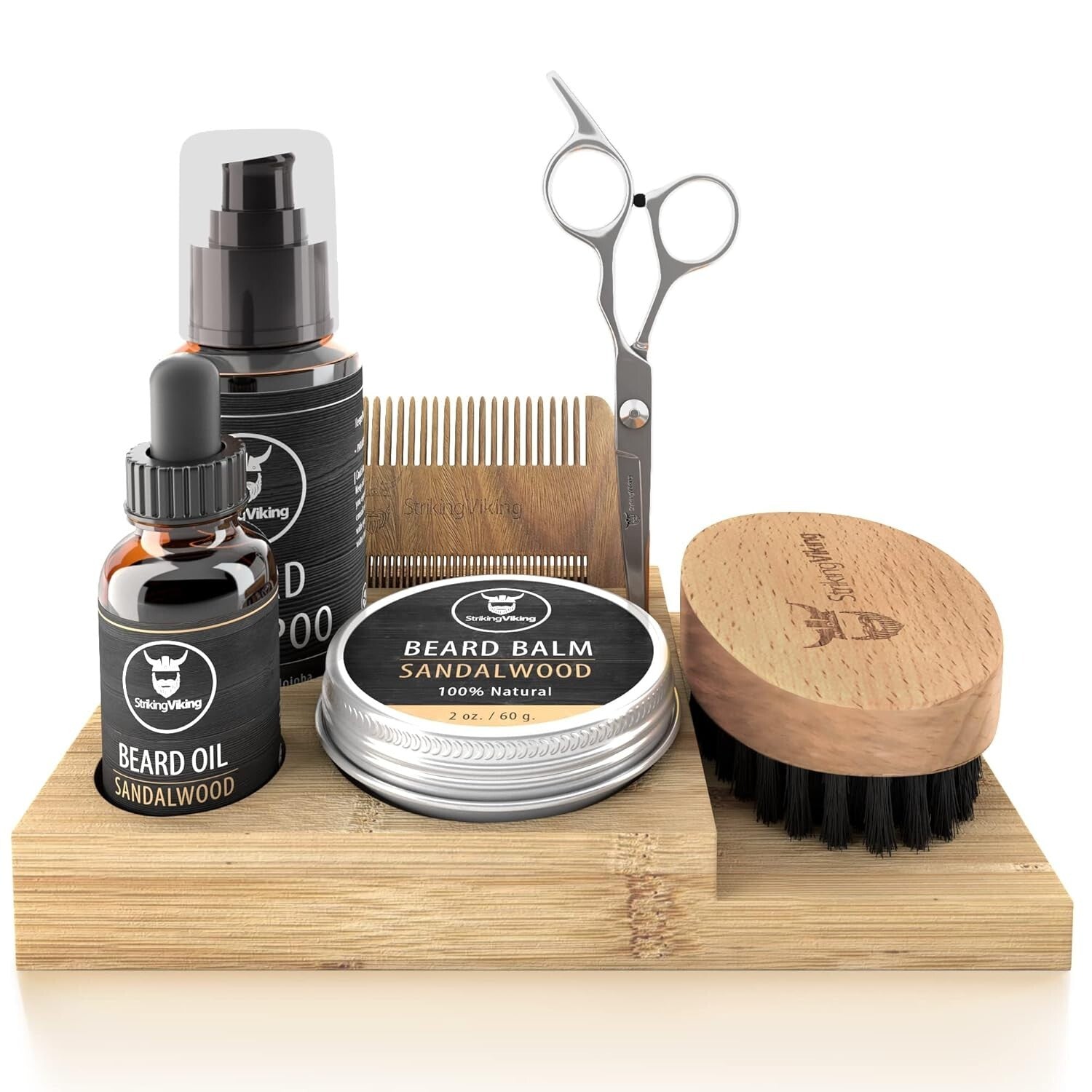 Complete Beard Care Set: Shampoo, Oil, Balm, and Combs in Wooden Caddy