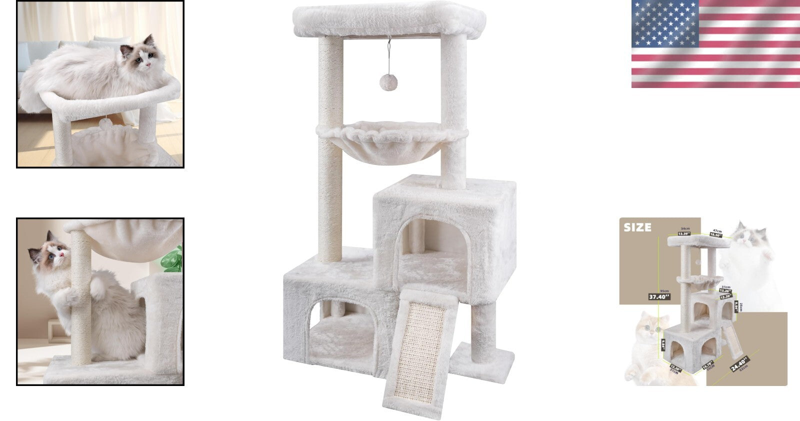 37.4" Beige Cat Tower with Twin Condos, Perch & Scratching Post - Cozy Retreat