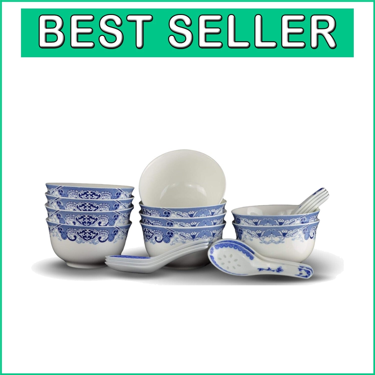 Traditional Blue & White Floral Soup Bowls Set of 6 with Free Porcelain Spoons