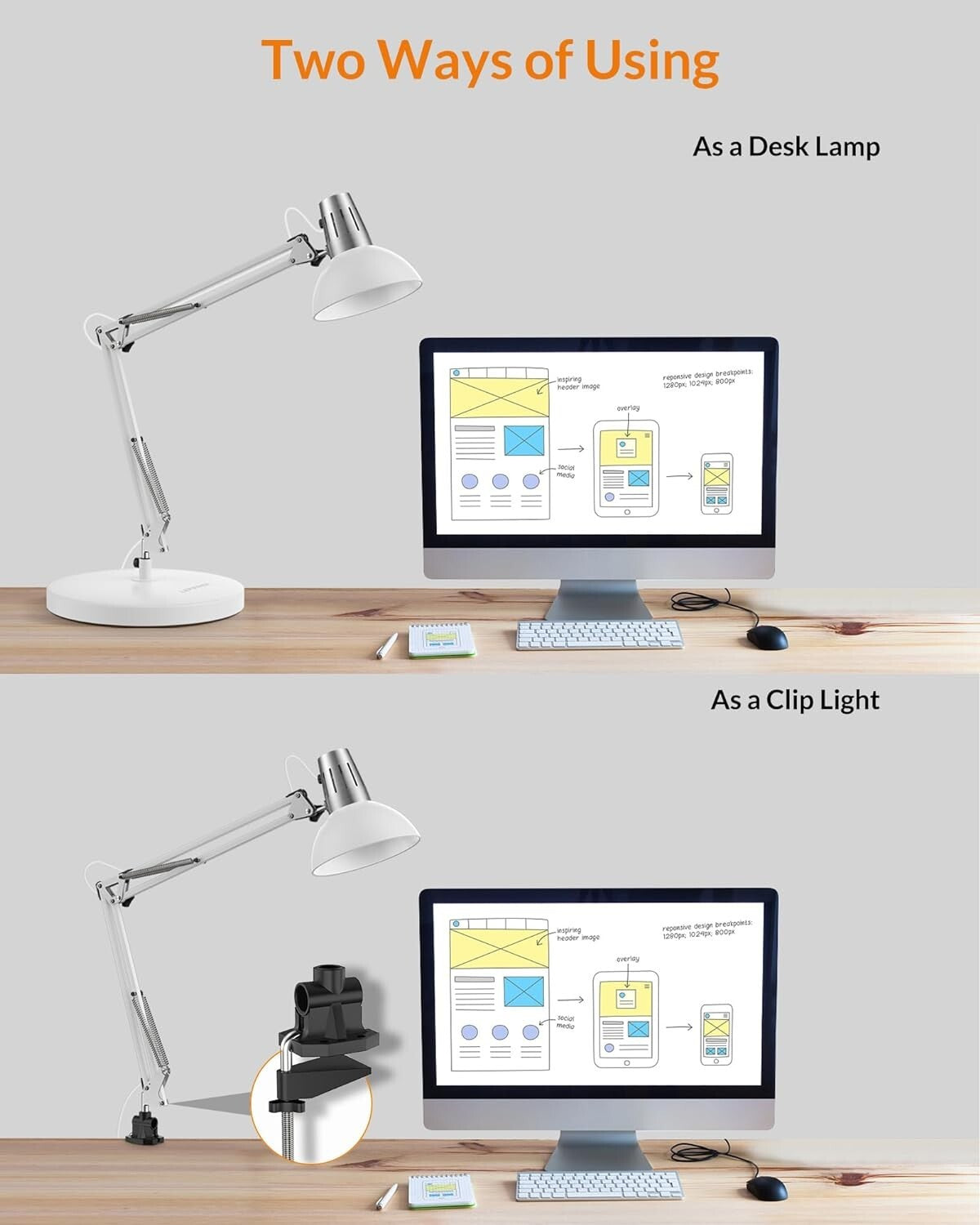 Clip-On Metal Desk Lamp with Adjustable Arm - Perfect for Home Offices & Reading