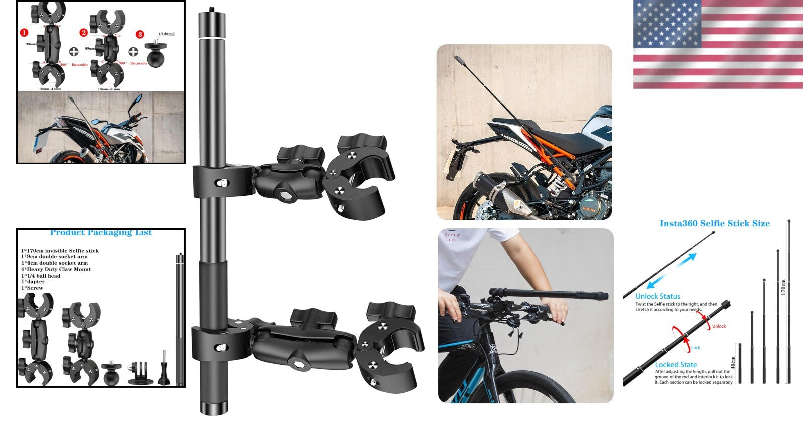 Motorcycle Handlebar Double Clamp Mount with 67" Selfie Stick for Action Cameras
