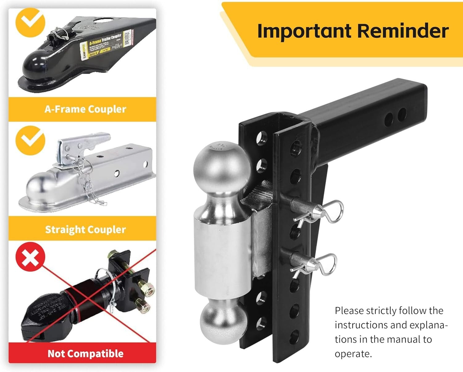 Adjustable Dual Ball Mount - 12,000 lbs Capacity for 2" Receiver, Dual Balls