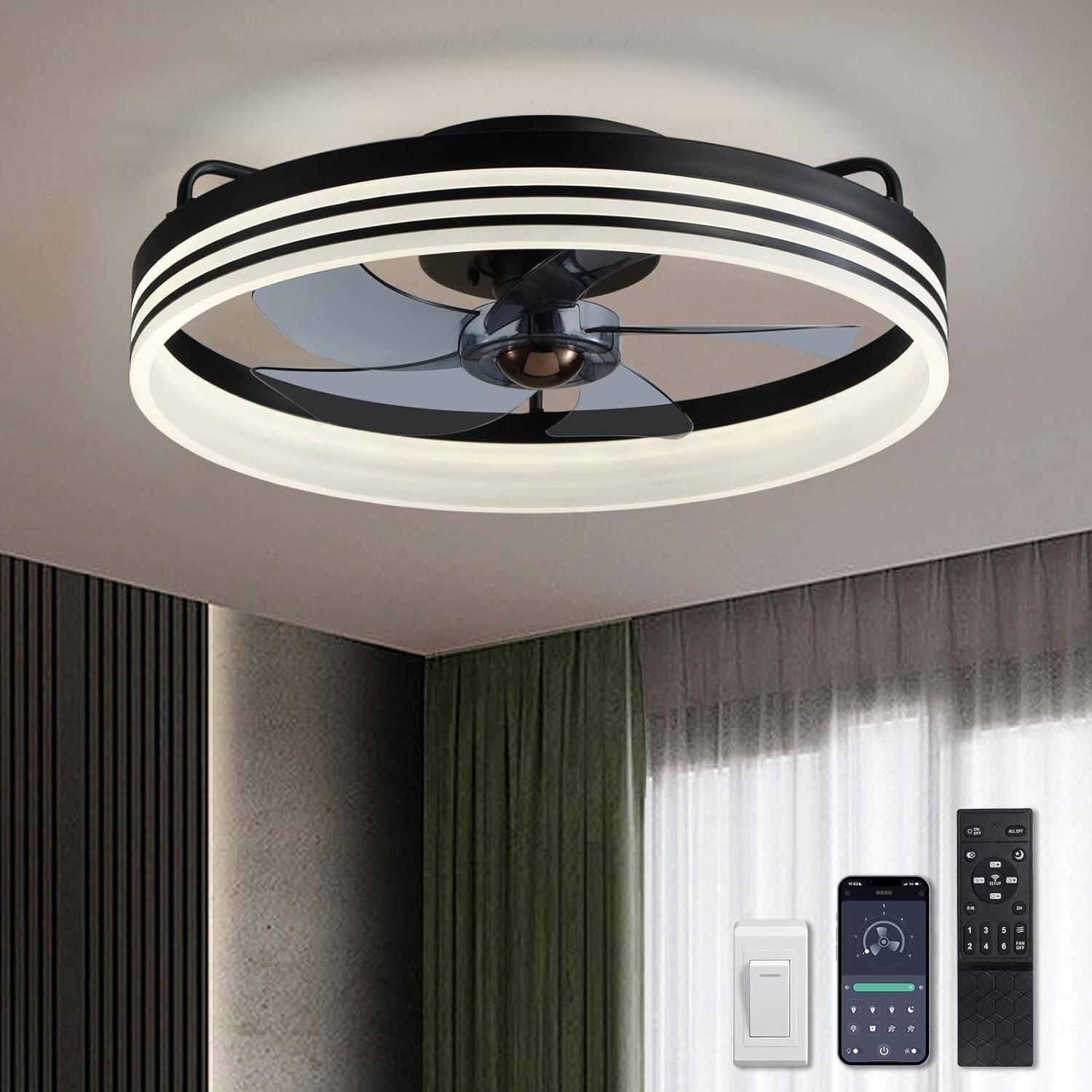 Dimmable LED Flush Mount Ceiling Fan with 6 Speeds & Remote Control - 20" Black