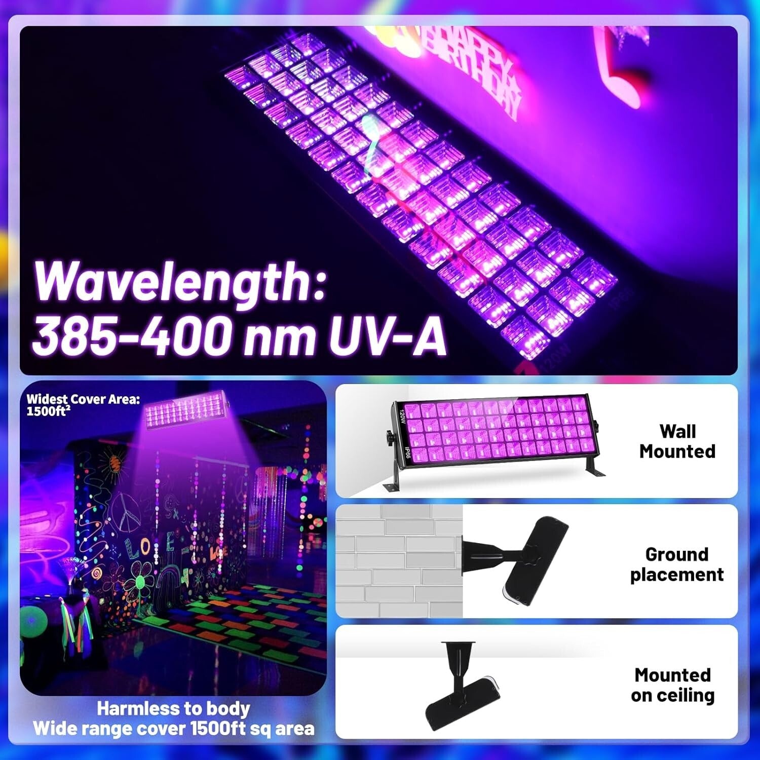 120W Fluorescent Reactive LED Black Lights - 4 Pack with 10ft Cord for Outdoor