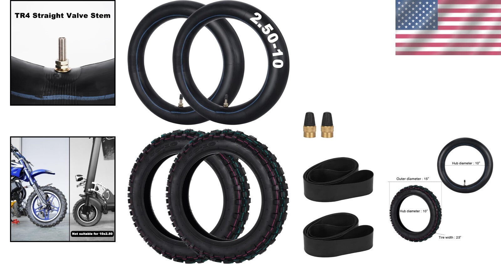 2.50-10 Off-Road Tire and Inner Tube Set for Superior Grip, Fits XR50 PW50 JR50