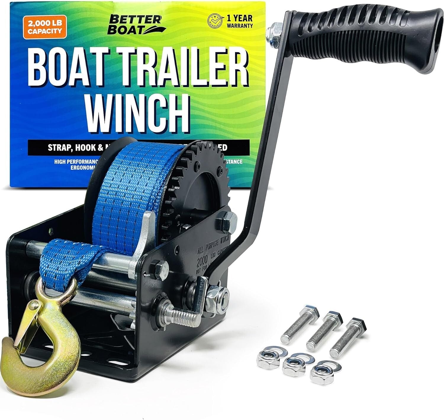 Versatile 2000 lbs Boat Winch - Manual Hand Crank with Premium Strap & Hook