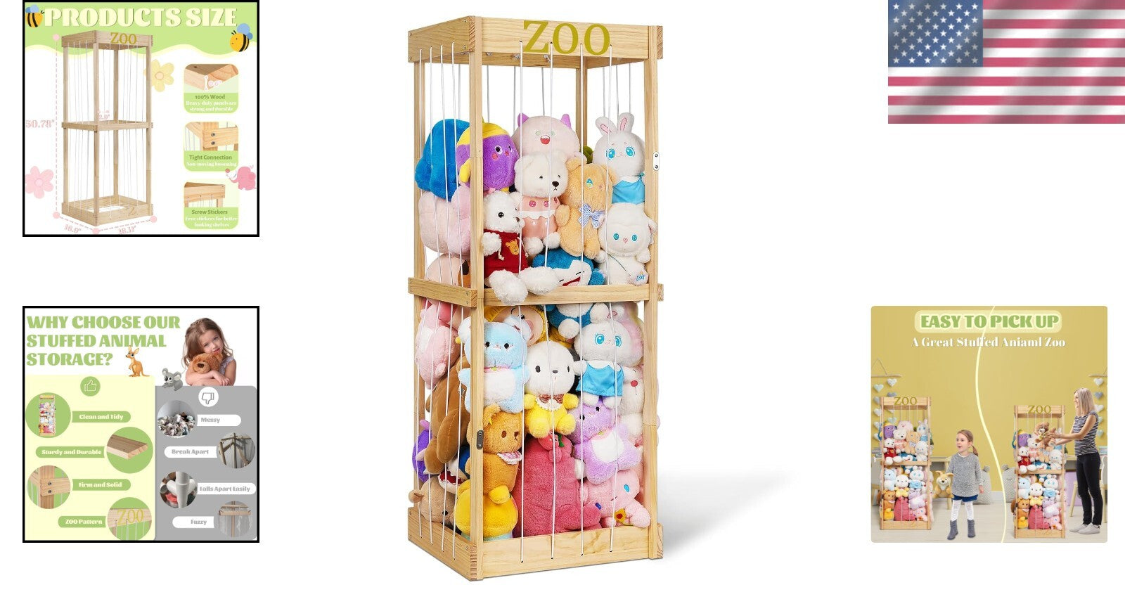 Portable Wooden Stuffed Animal Cage with Accessory Band - Playroom Essential