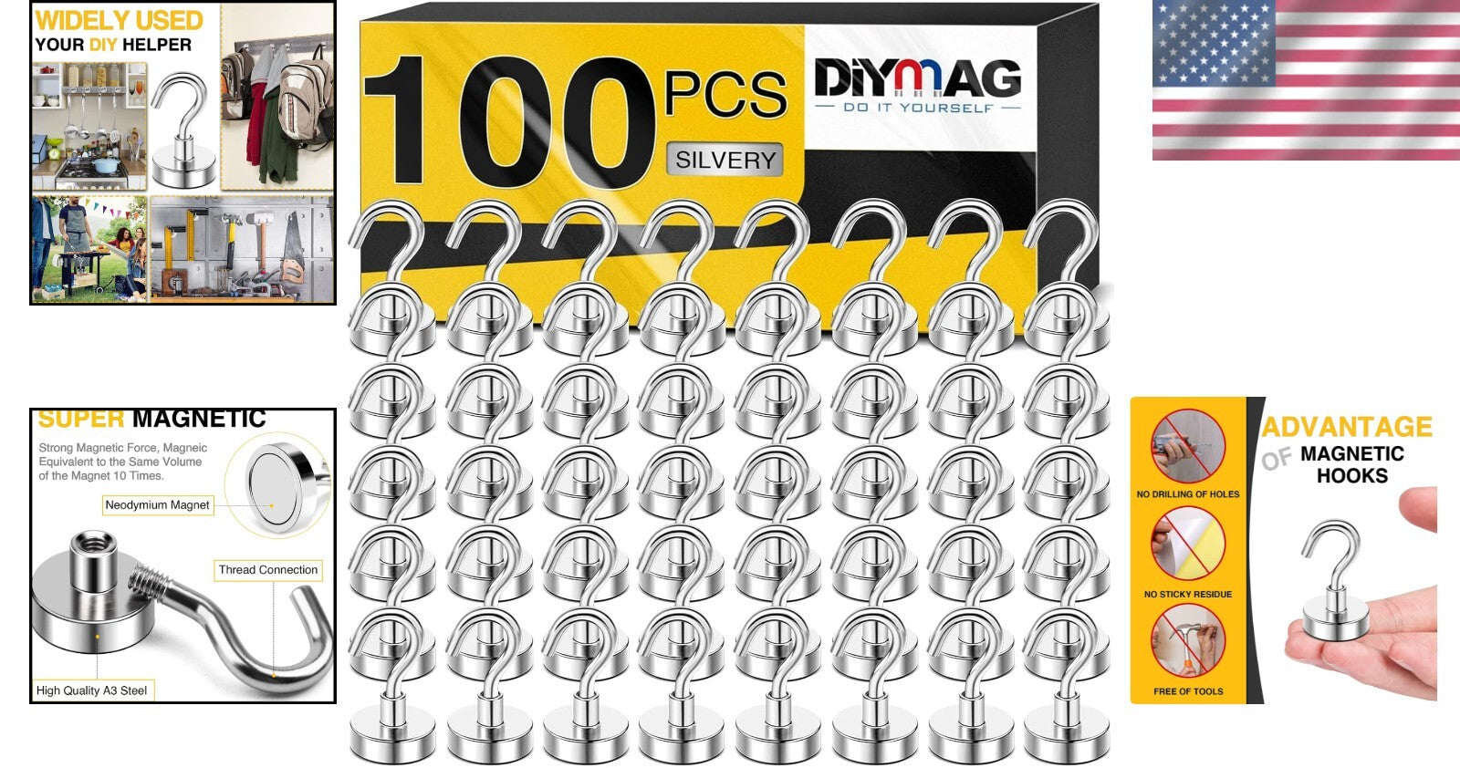 100 Pack Heavy-Duty Neodymium Magnetic Hooks - Rust-Resistant & Versatile