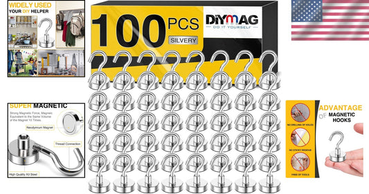 100 Pack Heavy-Duty Neodymium Magnetic Hooks - Rust-Resistant & Versatile