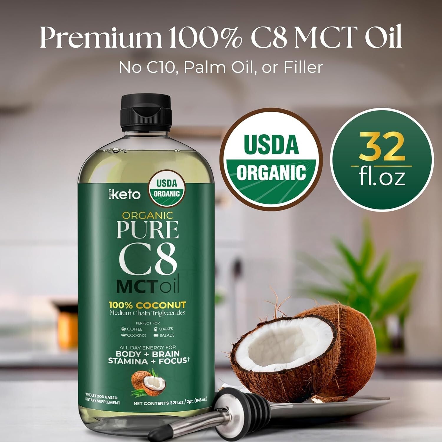 Flavorless Keto MCT Oil 32 oz - Non-GMO, Vegan, Perfect for Smoothies & Coffee